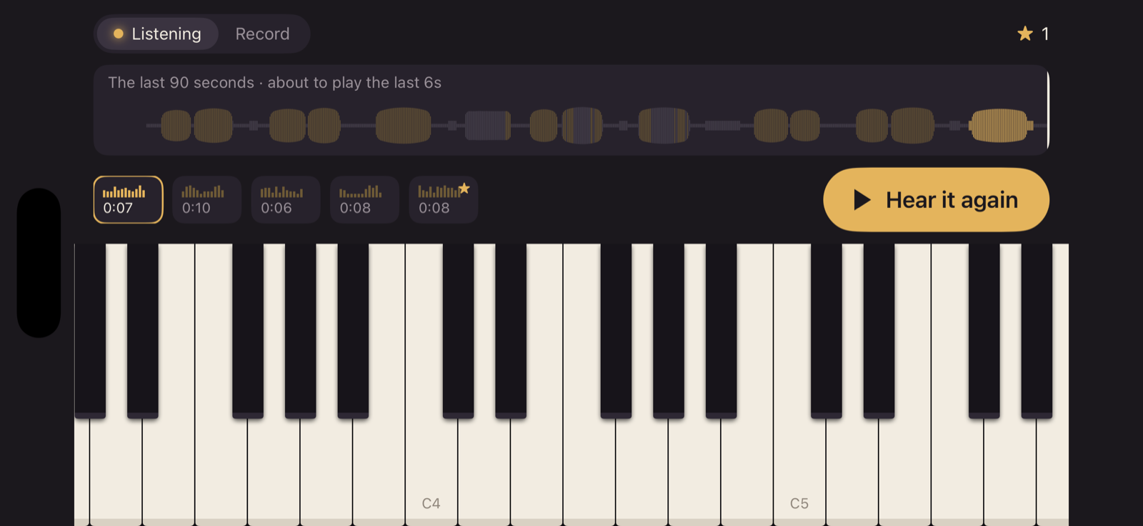 Ancora in landscape on an iPhone: a scrolling piano keyboard along the bottom, and above it the last ninety seconds of practice with the phrase just sung lit in gold.