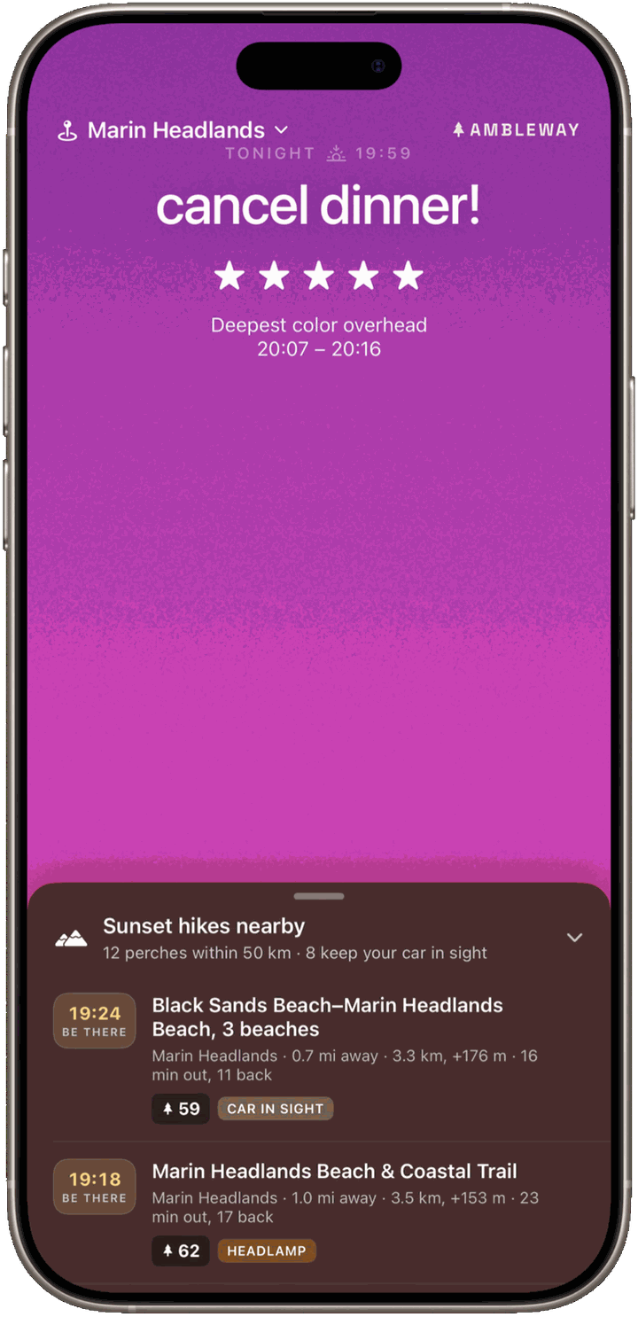 Walks to sunset perches, each with a leave-by time and a car-in-sight badge