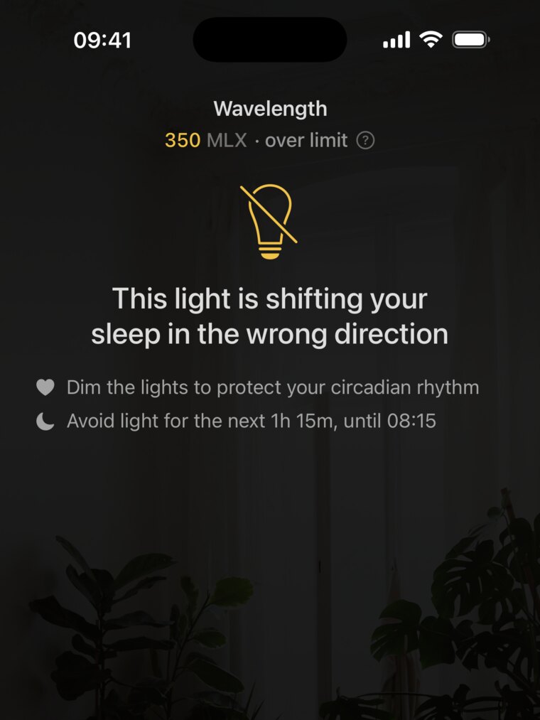 The Wavelength app reading that same room and warning the light is shifting your sleep the wrong way
