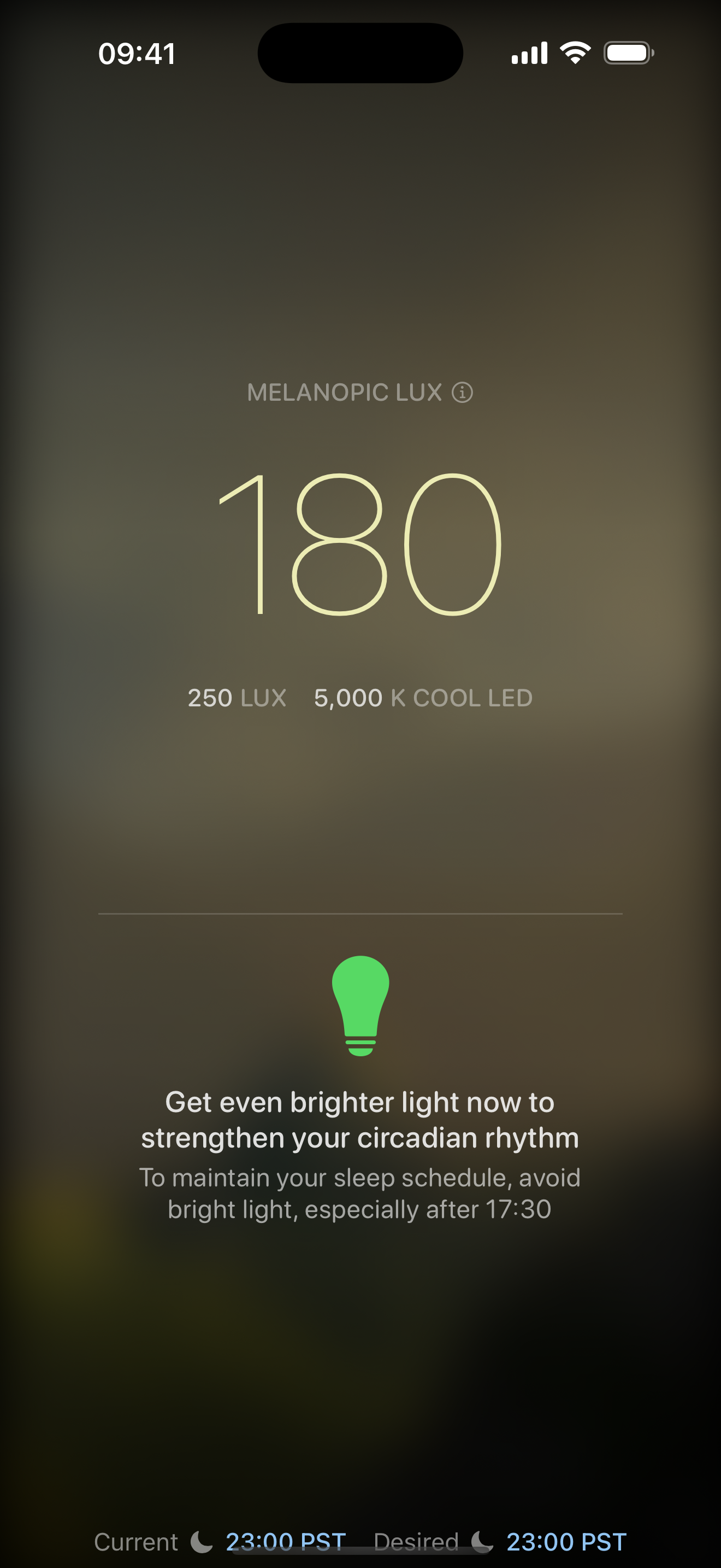 Daytime reading: 180 melanopic lux, strengthening circadian rhythm